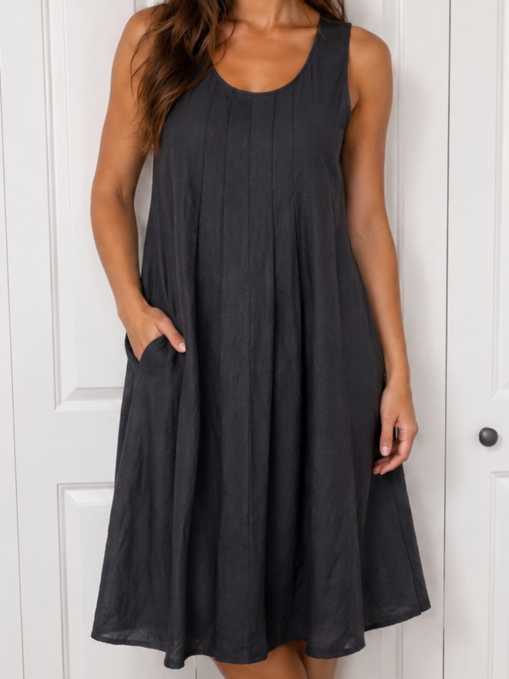 Weekend Choices Black 100% Linen Pintuck Midi Dress Size Large